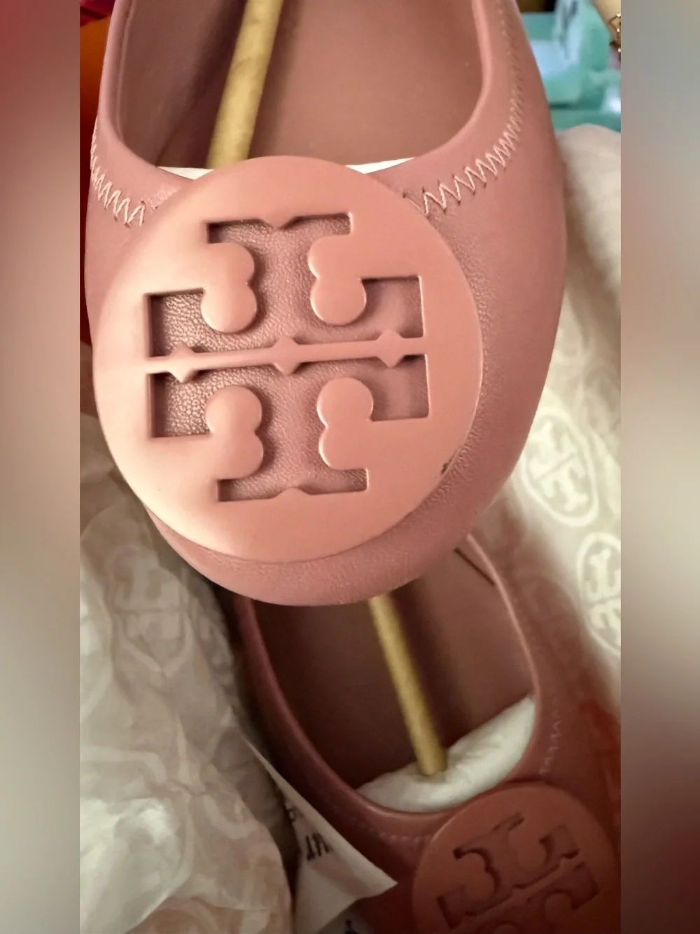 Tory Burch Minnie Travel Ballet Flats‎ Pink Magnolia Leather 6.5 Logo